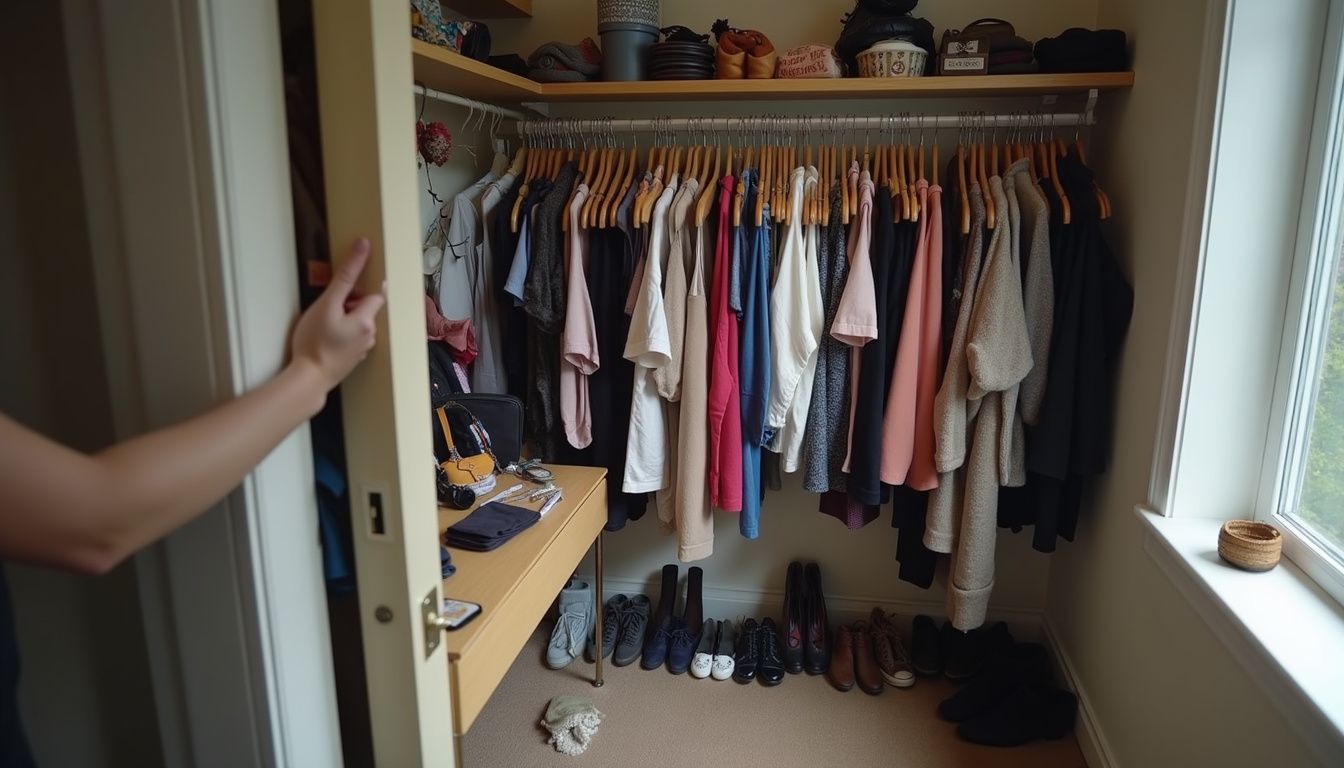 A cozy, lived-in walk-in closet with clothes, shoes, and accessories in a casual, cluttered arrangement. A cozy, lived-in walk-in closet with clothes, shoes, and accessories in a casual, cluttered arrangement.