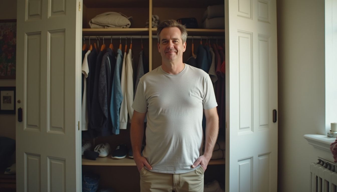 A casually dressed guy stands in front of a cluttered closet, reflecting a real-life, unpolished moment. A casually dressed guy stands in front of a cluttered closet, reflecting a real-life, unpolished moment.
