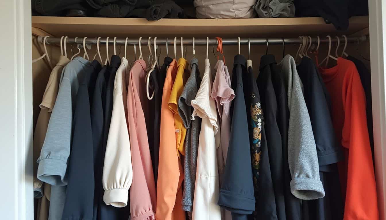 A cluttered bedroom closet contains a mix of hanging and piled clothes in various colors and styles. An image showcasing a neatly organized men's closet with a variety of colorful shirts and jackets hanging on a single rod, emphasizing style, wardrobe essentials, and clothing management.