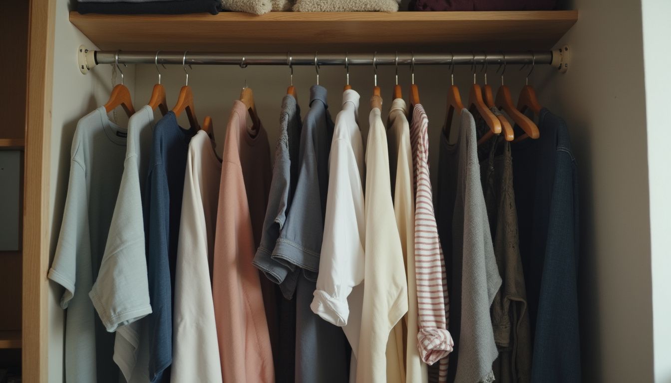 The image captures a cozy, lived-in closet with casually hung and folded clothes, reflecting everyday life. The image captures a cozy, lived-in closet with casually hung and folded clothes, reflecting everyday life.