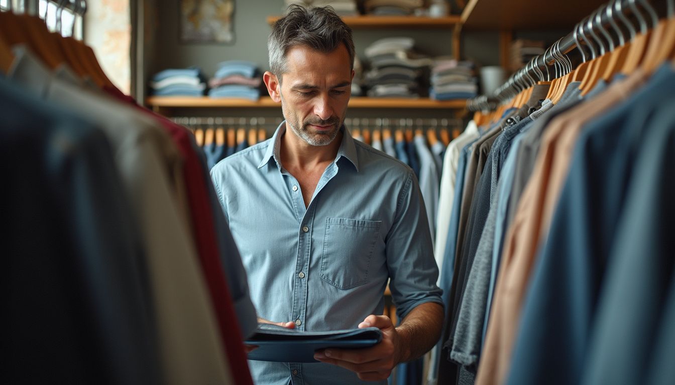 A casually dressed man in his mid-30s browses shirts in a cluttered clothing store. A casually dressed man in his mid-30s browses shirts in a cluttered clothing store.