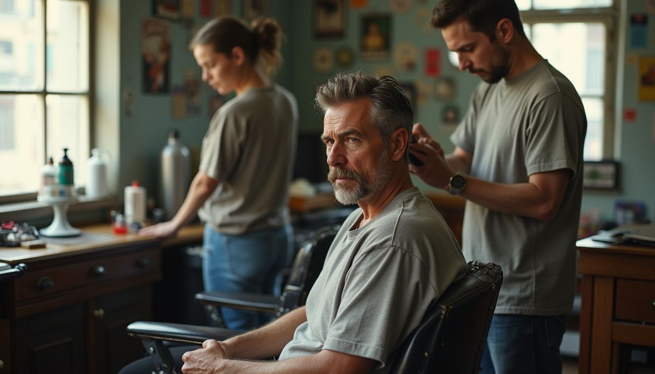 A man in a barber's chair enjoys a casual haircut in a relaxed, lived-in barbershop atmosphere. A man in a barber's chair enjoys a casual haircut in a relaxed, lived-in barbershop atmosphere.