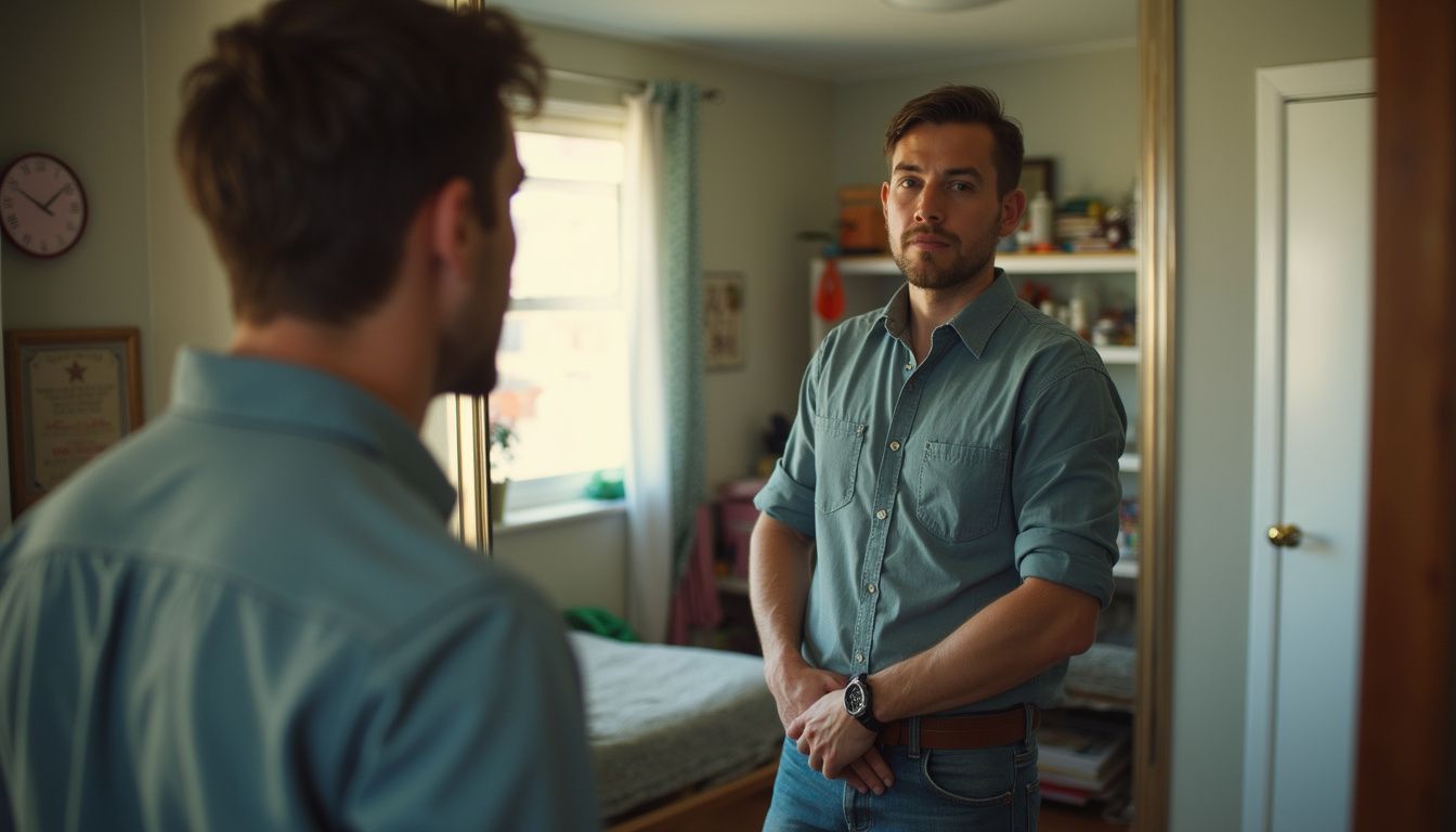 A man in his 30s adjusts his belt and watch in a cluttered bedroom, appearing distracted. A man in his 30s adjusts his belt and watch in a cluttered bedroom, appearing distracted.