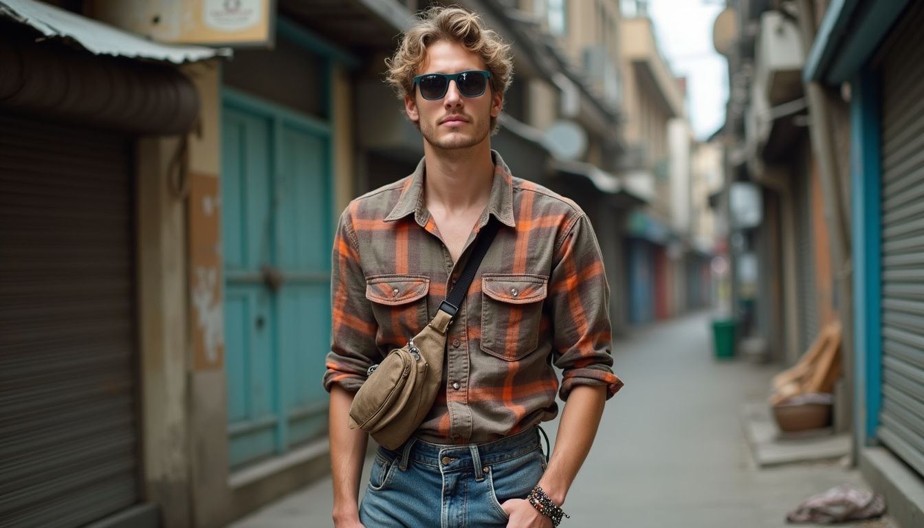 A young man in a casual flannel shirt and high-waisted pants stands outside in an urban environment. A young man in a casual flannel shirt and high-waisted pants stands outside in an urban environment.