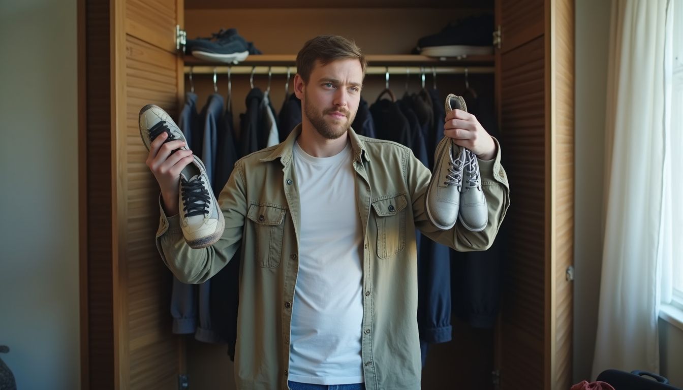 A casually dressed man in his mid-30s stands unsure, holding sneakers and dress shoes in front of a disorganized closet. A casually dressed man in his mid-30s stands unsure, holding sneakers and dress shoes in front of a disorganized closet.
