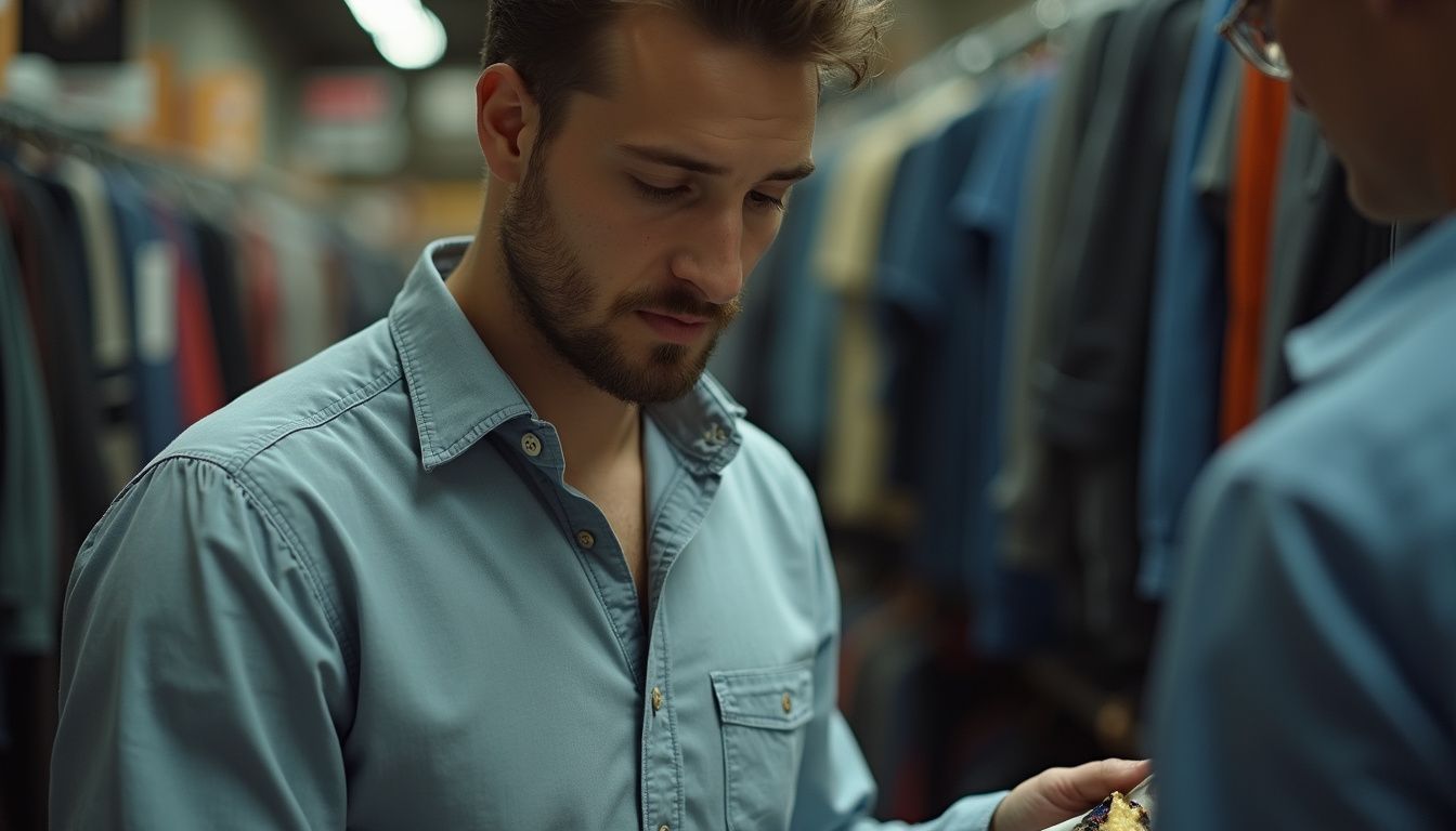 A young man examines a men's shirt in a thrift store while a phone displays discount apps in the background. A young man examines a men's shirt in a thrift store while a phone displays discount apps in the background.