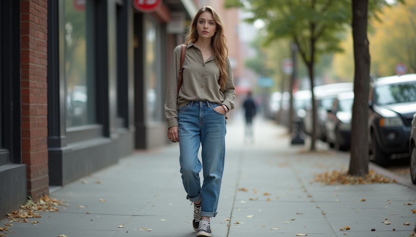 A young woman in casual attire stands on a city sidewalk, exuding a relaxed, everyday vibe. A young woman in casual attire stands on a city sidewalk, exuding a relaxed, everyday vibe.