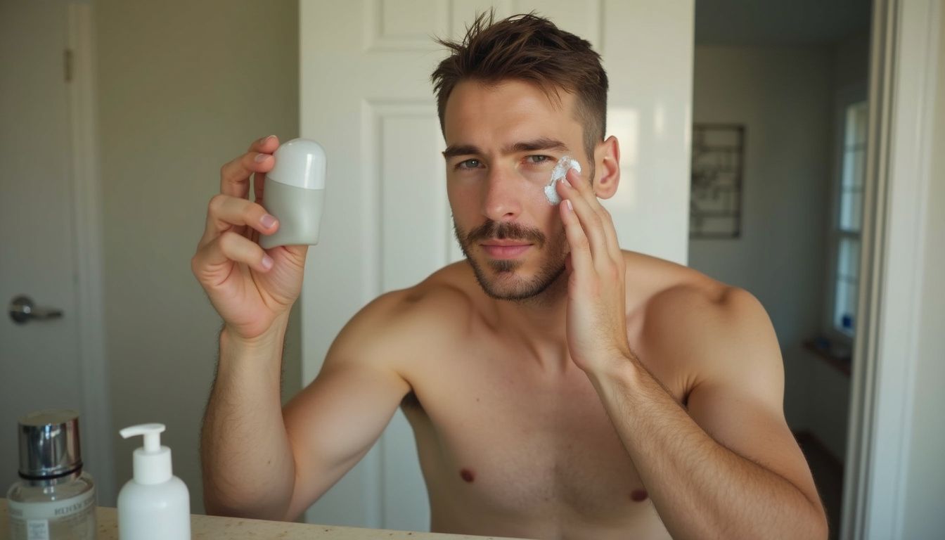 A man in his thirties applies sunscreen in a casual, cluttered bathroom during his daily routine. A man in his thirties applies sunscreen in a casual, cluttered bathroom during his daily routine.