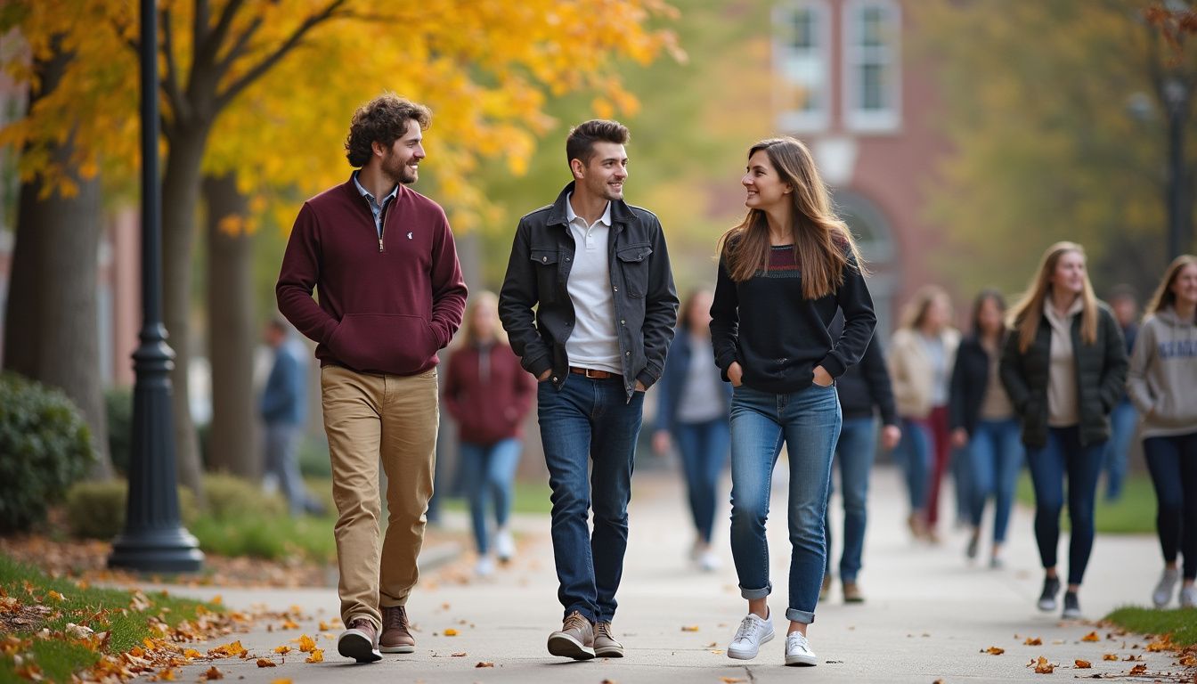 A casual autumn scene on a college campus with students walking and chatting among colorful fallen leaves. A casual autumn scene on a college campus with students walking and chatting among colorful fallen leaves.