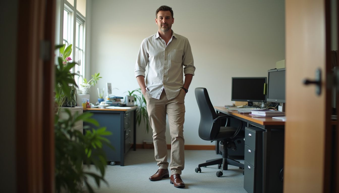 A casually dressed man in his thirties stands in a cluttered office, embodying a candid, everyday moment. A casually dressed man in his thirties stands in a cluttered office, embodying a candid, everyday moment.