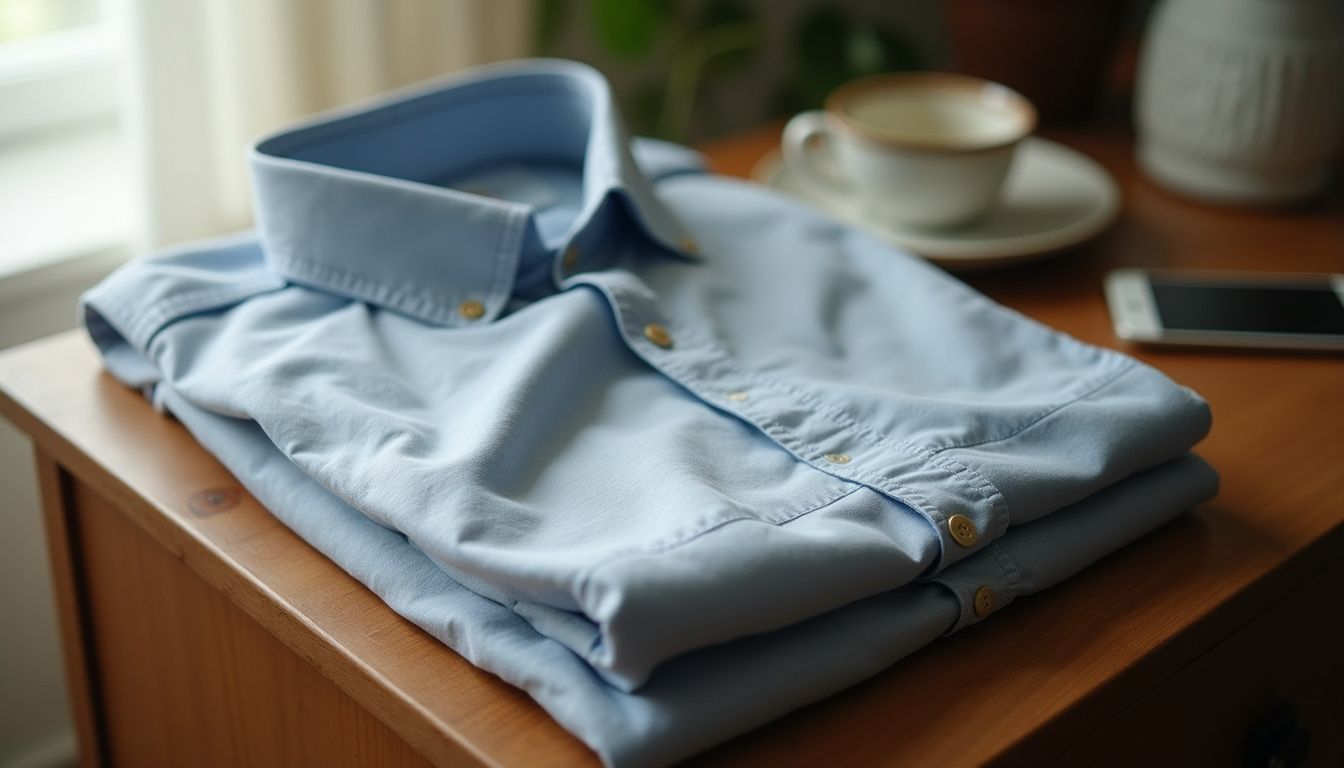 A casually folded, slightly wrinkled slim-fit cotton dress shirt rests on a cluttered wooden dresser. A casually folded, slightly wrinkled slim-fit cotton dress shirt rests on a cluttered wooden dresser.