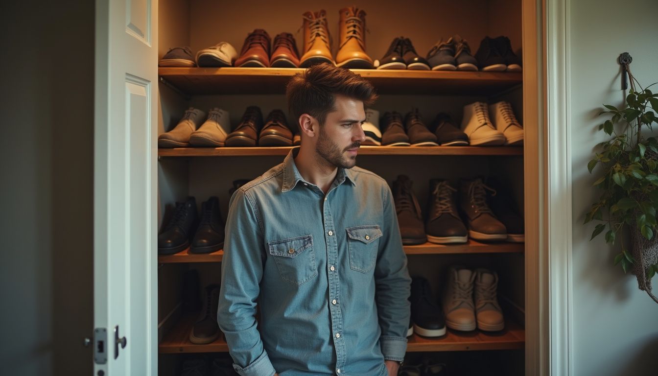 A casually dressed man in his 30s stands in a cluttered closet, contemplating his shoe options. A casually dressed man in his 30s stands in a cluttered closet, contemplating his shoe options.