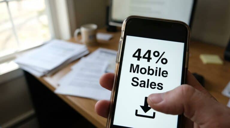 Alt text: Hand holding a smartphone showing "44% Mobile Sales" with a blurred office desk background indicating digital marketing and mobile commerce trends.