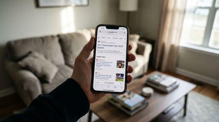 Hand holding smartphone displaying Google search results for NFL Cheerleader Pay 2025 update at home.