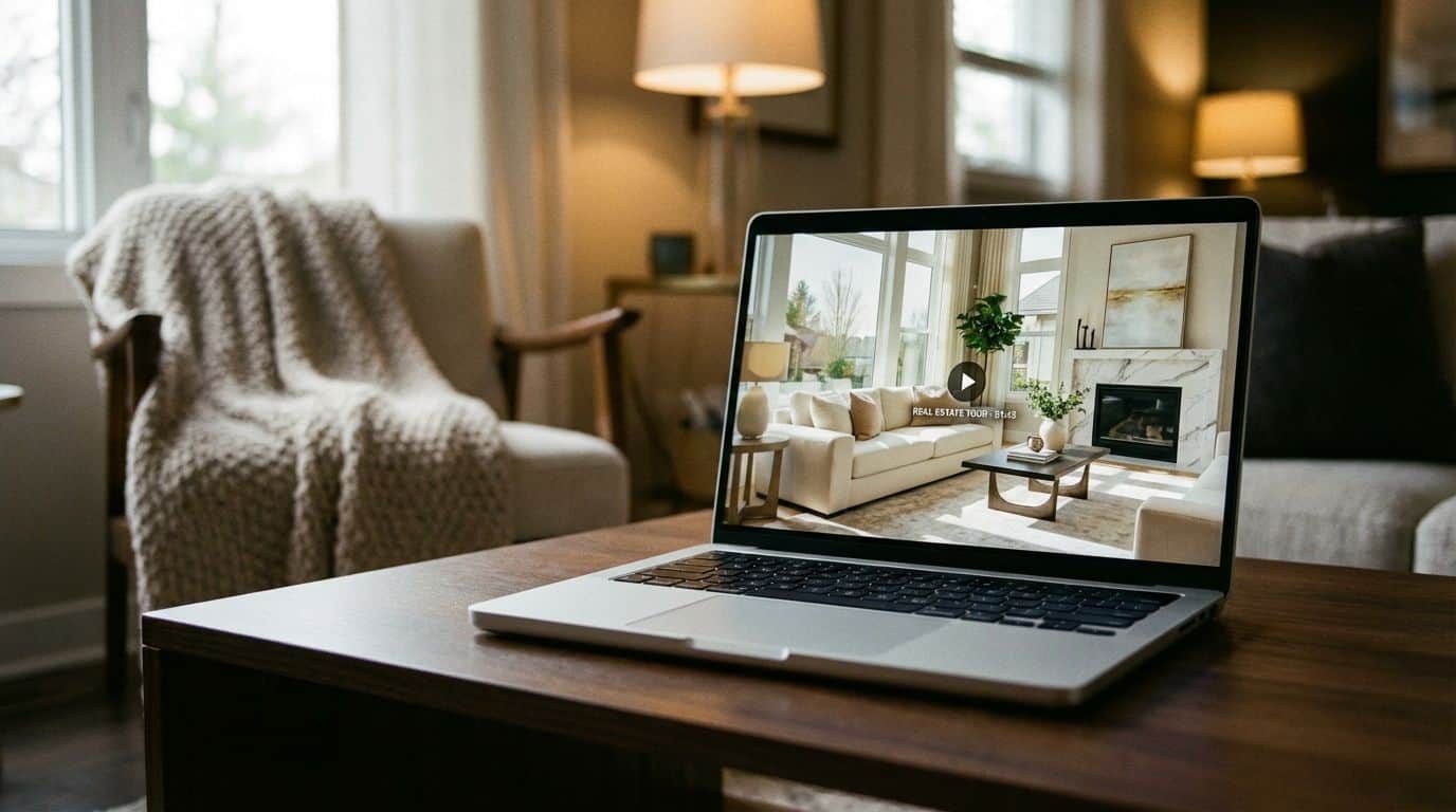 A laptop screen displaying a crisp, high-quality real estate interior video. A stylish home interior showcased on a laptop screen in a cozy, modern living room setting with natural light and comfortable furnishings.