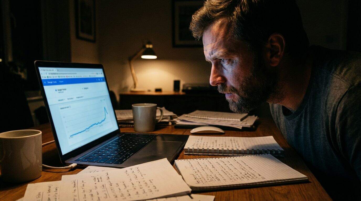 A person working late at a computer researching market trends. A man intensely studying charts and graphs on his laptop screen with handwritten notes and pages spread out on a dimly lit desk at night. Perfect for content about productivity, data analysis, and work ethic for Unfinished Man readers.