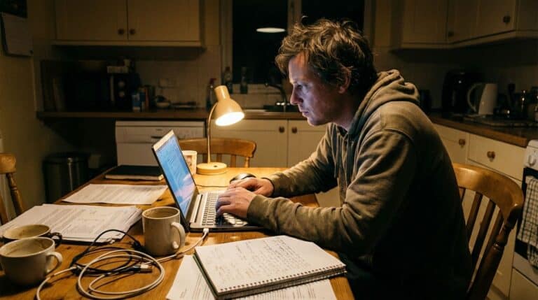 A man concentrating on work on his laptop at a cluttered kitchen table with papers, notebooks, coffee mugs, and a desk lamp, illustrating late-night work or study, emphasizing productivity and dedication.