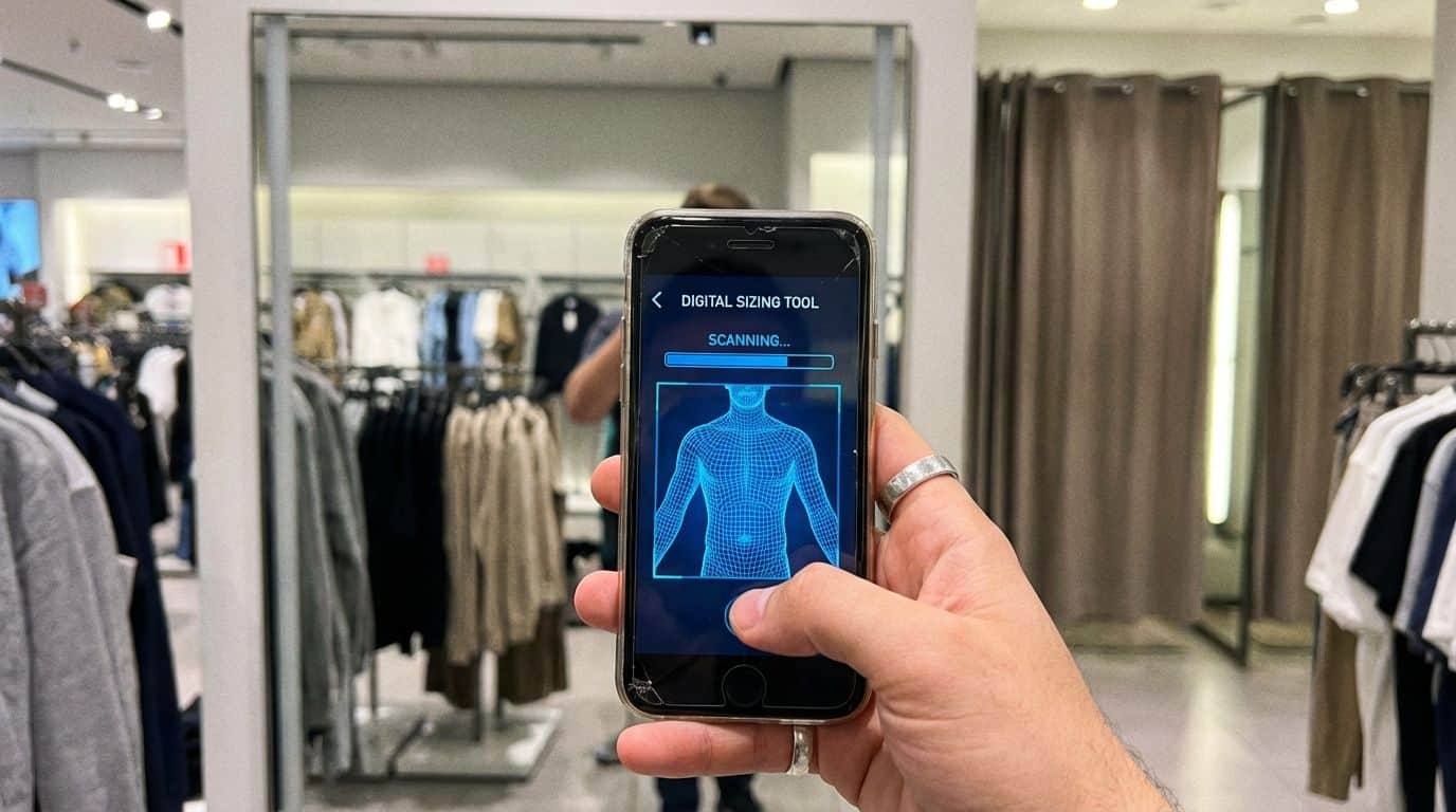 Digital body measurement tool on smartphone screen in retail clothing store.