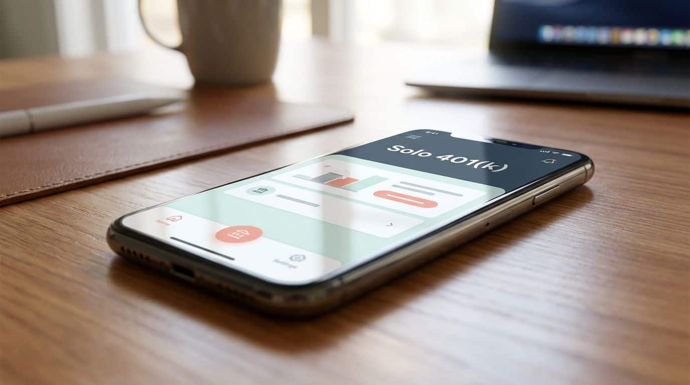 A smartphone screen displaying a banking app interface labeled Solo 401(k). Image of a smartphone displaying an investment app with "Solo 401(k)" on the screen, placed on a wooden desk with a laptop, pen, and coffee cup.