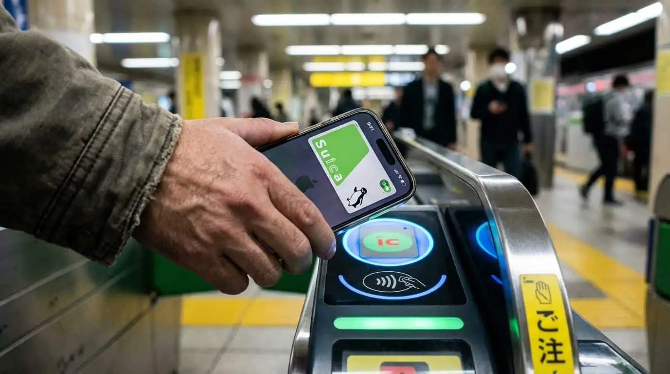 Hand holding smartphone with Suica app for contactless transit payment at subway station.