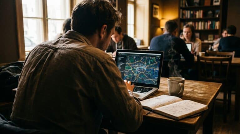 Young man using a laptop with city map displayed, surrounded by a warm, cozy café environment with other patrons in the background.