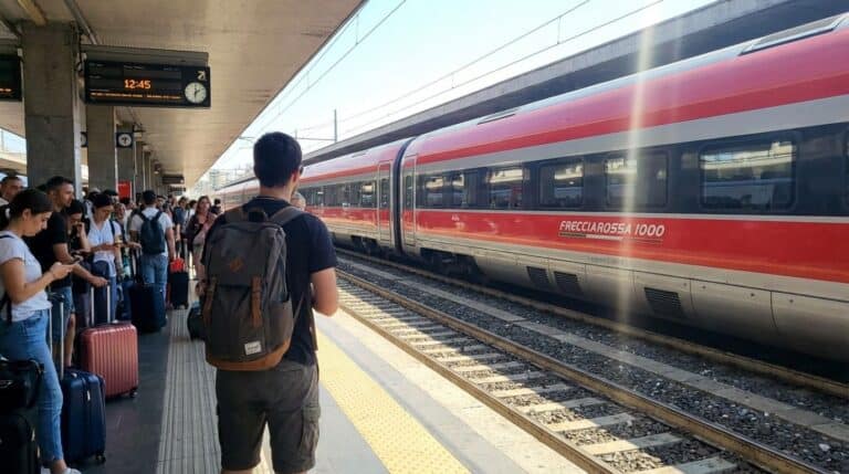 A crowded train platform at Italy's high-speed rail station, featuring travelers with luggage waiting for the Frecciarossa 1000 train.