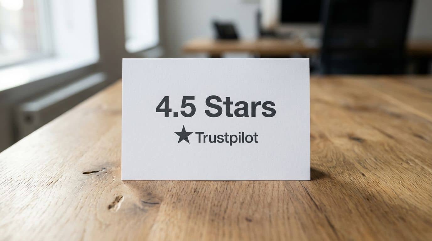 A printed card on a desk displaying a 4.5 star Trustpilot rating. A printed card on a desk displaying a 4.5 star Trustpilot rating.
