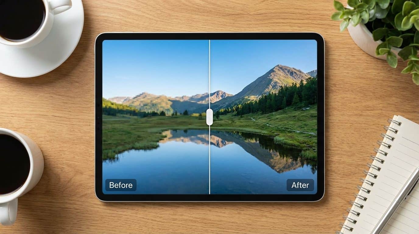 A tablet showing a before and after comparison of video quality. High-resolution nature photo of a mountain lake before and after digital enhancement, showcasing improved clarity and details for outdoor photography and nature enthusiasts.