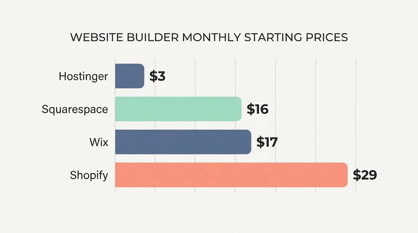 Comparison chart showing starting prices for Wix, Squarespace, Shopify, and Hostinger. Affordable website builder hosting costs and features.