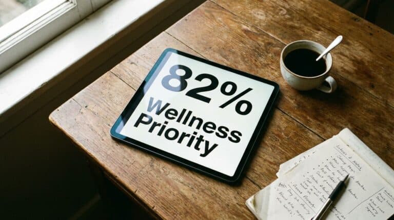 Alt text: Digital tablet displaying "82% Wellness Priority" on wooden desk with coffee cup and handwritten notes, emphasizing health and wellness importance.