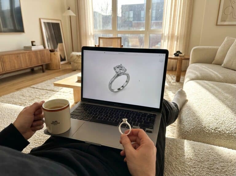 High-quality image of a sparkling diamond engagement ring displayed on a laptop screen in a cozy living room setting, showcasing elegance and modern style.