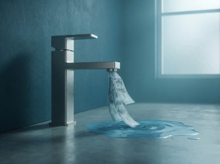 Faucet pouring money into water, symbolizing financial wastage or unnecessary expenses, representing themes of wealth, money management, and financial loss.