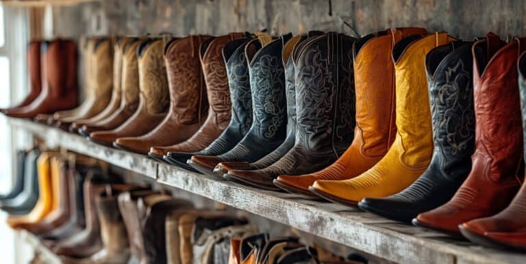 Detailed close-up of colorful cowboy boots displayed on rustic wooden shelf, showcasing exotic leather craftsmanship, and rugged Western footwear style for men.