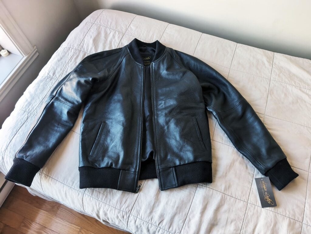 Lusso Leather Black Bomber Style Ribbed Jacket 5