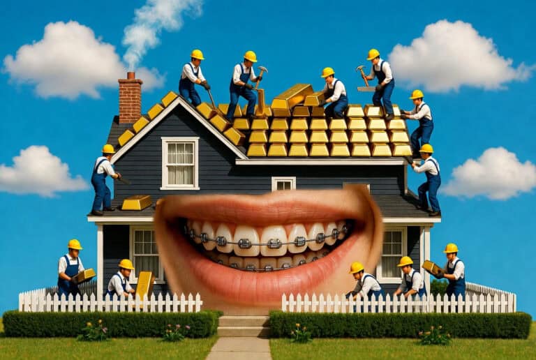 A whimsical illustration of construction workers installing gold bars on a house roof, with a giant smiling mouth with braces in front. Bright blue sky background, emphasizing home improvement and construction themes.