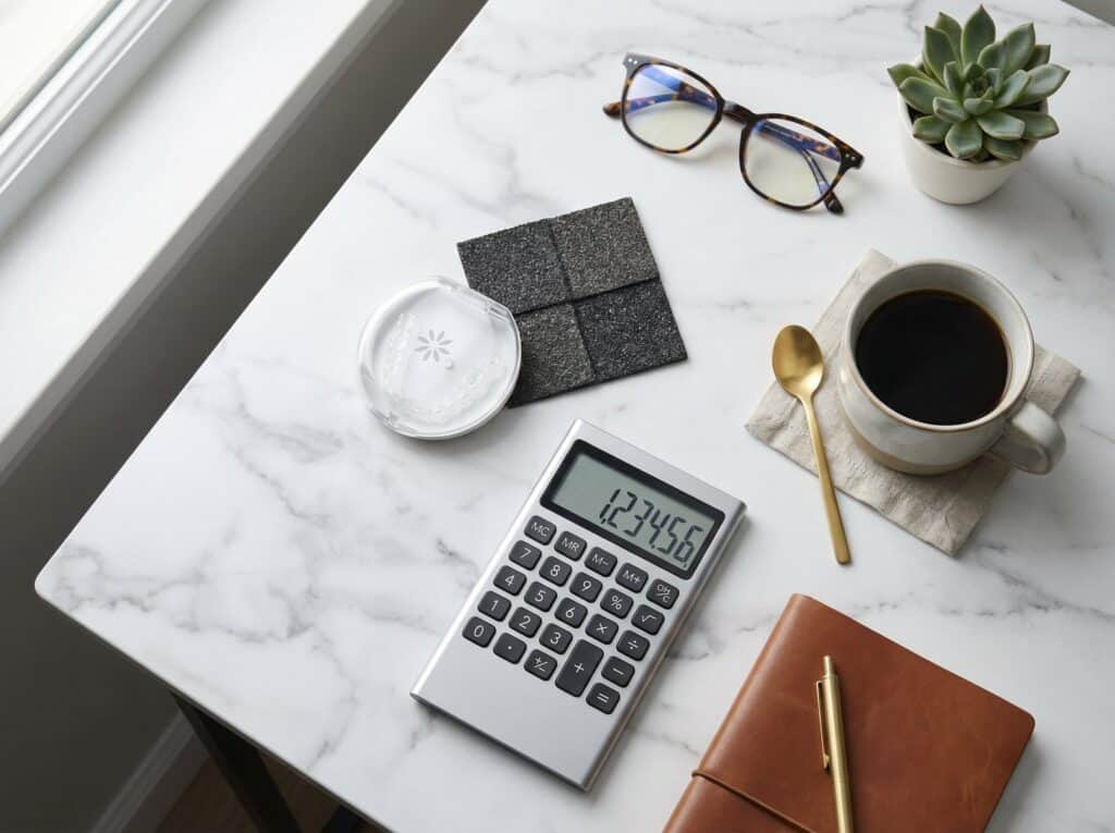 Stylish workspace with calculator, coffee mug, glasses, succulent plant, and accessories for modern men's lifestyle.