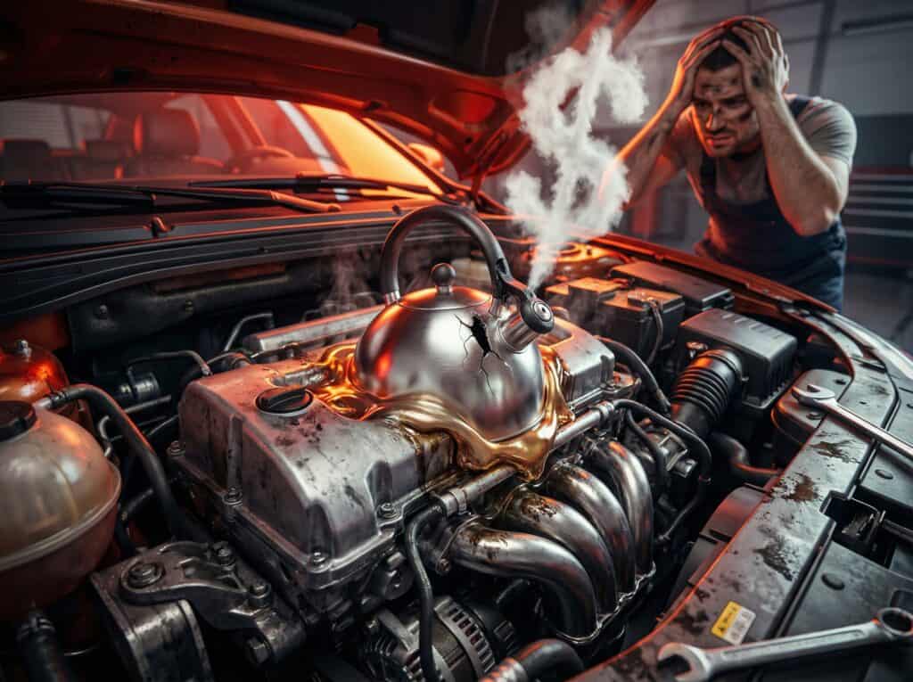 A mechanic inspects a damaged car engine with a steaming kettle on top, highlighting the importance of car engine maintenance and troubleshooting for mechanical failures.