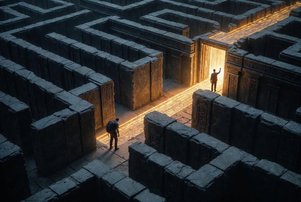 An explorer faces a glowing doorway in an ancient stone maze, symbolizing discovery and adventure amid mysterious realities. Perfect for travel, exploration, and adventure keywords.