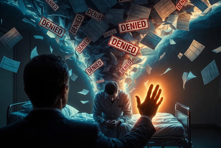 Denied claims and rejection letters flood a person's mind in a chaotic scene of paperwork and rejection stamps, symbolizing frustration and despair in the battle against financial setbacks and bureaucratic hurdles.