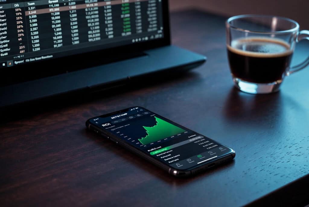 A smartphone displaying a stock market graph on a dark desk alongside a cup of black coffee, a laptop showing financial data. Ideal for investing, day trading, finance, market analysis, and stock trading insights.