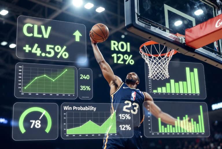 High-tech sports data charts showing player stats, ROI, win probability, and performance metrics.