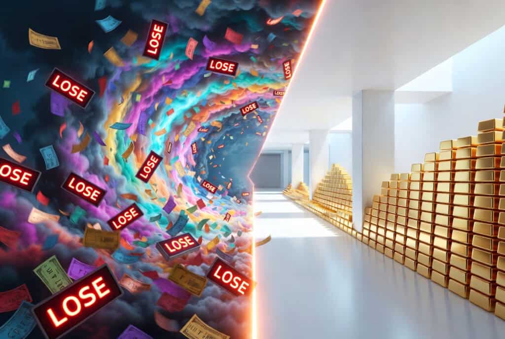 A surreal scene depicts a colorful, swirling vortex with "LOSE" signs amid flying dollar bills, contrasted with stacks of gold bars in a bright, modern storage room highlighting wealth and financial risks.