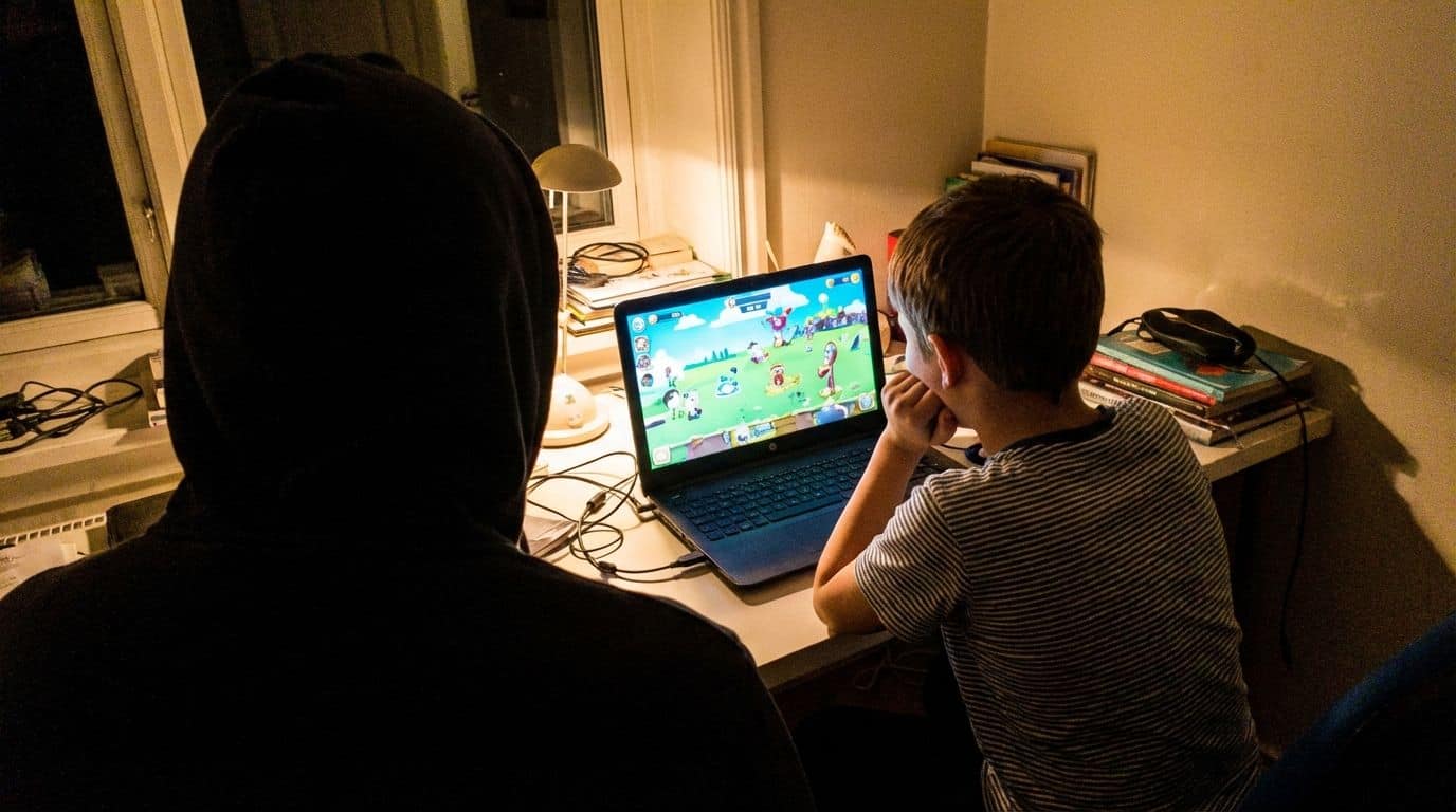Over-the-shoulder view of a young boy playing a game on a laptop.