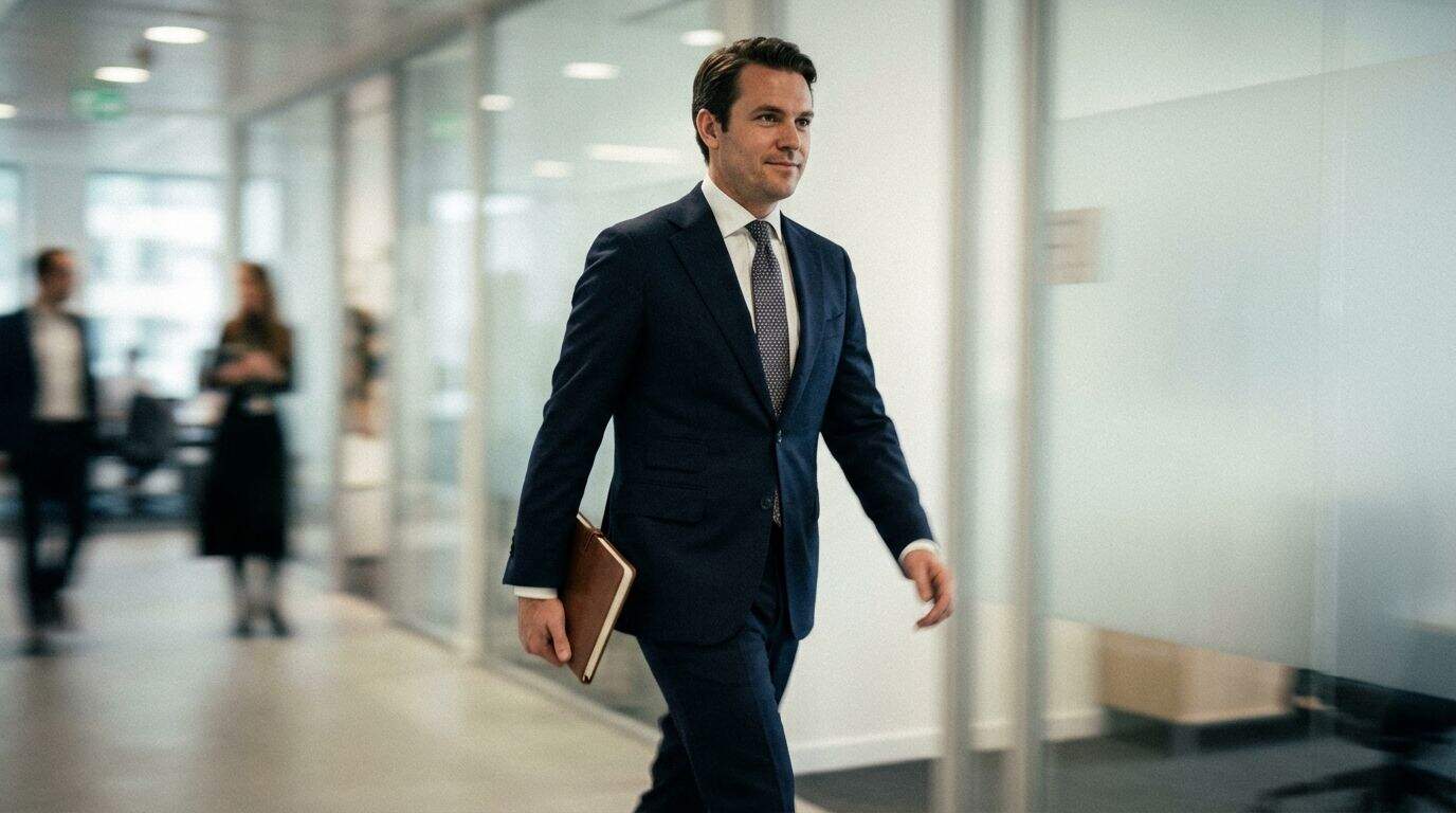 A man wearing a sharp navy business suit walking in an office. A man wearing a sharp navy business suit walking in an office.