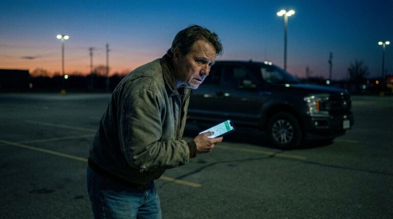 A middle-aged man in casual clothing stands alone in an empty parking lot during sunset, focused on his smartphone. The scene is illuminated by artificial lights, creating a somber mood that highlights themes of solitude and reflection.