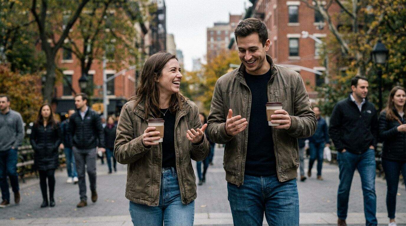 A couple walking in a park holding coffee cups.