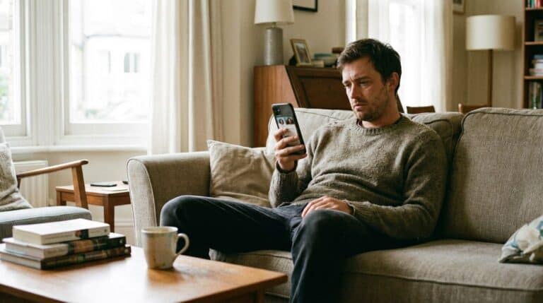 Man sitting on sofa browsing phone, cozy living room setting, casual men's lifestyle, modern interior design, leisure activities for men, home comfort lifestyle.