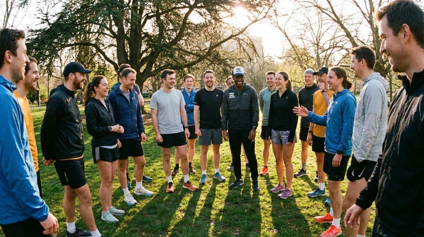 A diverse group of people chatting after a run.