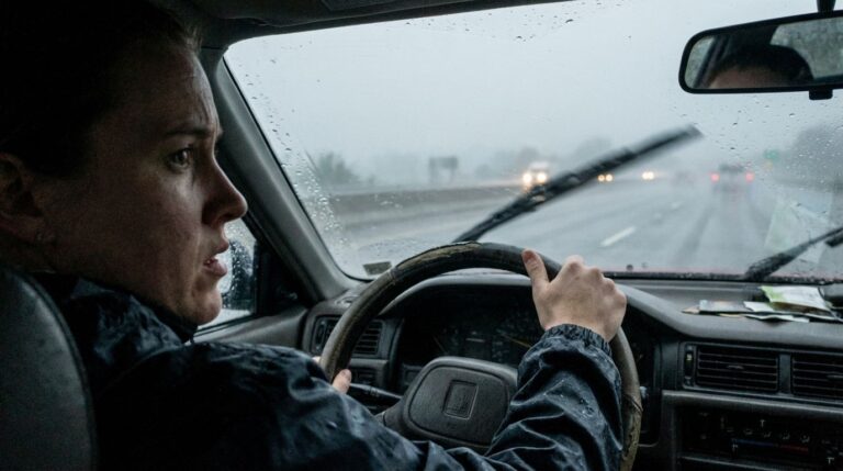 A woman driving a car during heavy rainstorm, showing focus and caution on wet road conditions. Perfect for automotive safety, weather alerts, and driving in adverse weather.