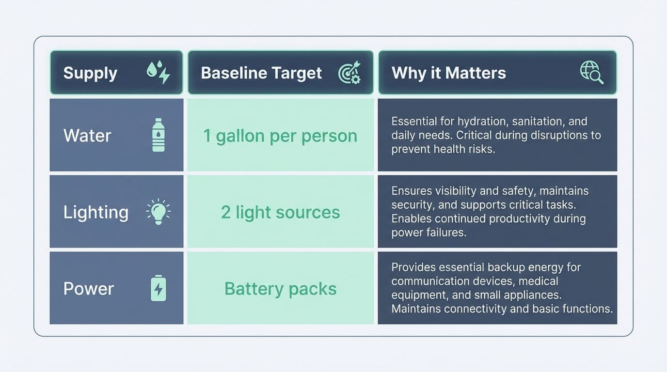 A digital table checklist showing emergency supplies: Water, Lighting, and Power. A digital table checklist showing emergency supplies: Water, Lighting, and Power.